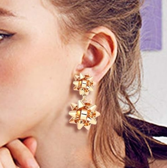 Gold Bow Earrings Christmas Accessories Bow Studs Drop Dangle Earrings - Picture 2 of 11